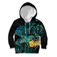 New Zealand Fantail Bird Kid Hoodie Maori Piwakawaka Kowhai - Paua Shell Pattern LT14 Hoodie Green - Polynesian Pride