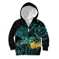 New Zealand Fantail Bird Kid Hoodie Maori Piwakawaka Kowhai - Paua Shell Pattern LT14 Zip Hoodie Green - Polynesian Pride