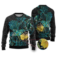 New Zealand Fantail Bird Ugly Christmas Sweater Maori Piwakawaka Kowhai - Paua Shell Pattern LT14 Green - Polynesian Pride