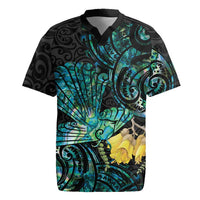 New Zealand Fantail Bird Rugby Jersey Maori Piwakawaka Kowhai - Paua Shell Pattern LT14 Green - Polynesian Pride