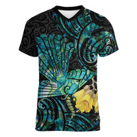 New Zealand Fantail Bird Women V-Neck T-Shirt Maori Piwakawaka Kowhai - Paua Shell Pattern LT14 Female Green - Polynesian Pride