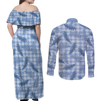 Blue Palaka Hawaii Palapalai Couples Matching Off Shoulder Maxi Dress and Long Sleeve Button Shirt Hawaiian Fern LT14 - Polynesian Pride