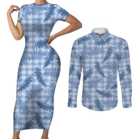 Blue Palaka Hawaii Palapalai Couples Matching Short Sleeve Bodycon Dress and Long Sleeve Button Shirt Hawaiian Fern LT14 Blue - Polynesian Pride
