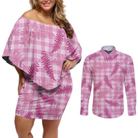 Purple Palaka Hawaii Palapalai Couples Matching Off Shoulder Short Dress and Long Sleeve Button Shirt Hawaiian Fern LT14 Purple - Polynesian Pride