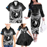 FSM Yap Day Family Matching Off The Shoulder Long Sleeve Dress and Hawaiian Shirt 2025 Wa'ab Micronesia Black Color LT14 - Polynesian Pride