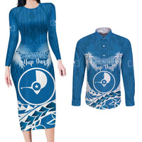 FSM Yap Day Couples Matching Long Sleeve Bodycon Dress and Long Sleeve Button Shirt 2025 Wa'ab Micronesia Flag Color LT14 Blue - Polynesian Pride