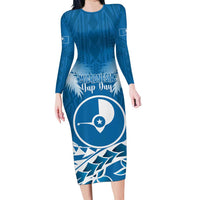 FSM Yap Day Family Matching Long Sleeve Bodycon Dress and Hawaiian Shirt 2025 Wa'ab Micronesia Flag Color LT14 Mom's Dress Blue - Polynesian Pride