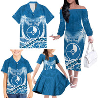 FSM Yap Day Family Matching Off The Shoulder Long Sleeve Dress and Hawaiian Shirt 2025 Wa'ab Micronesia Flag Color LT14 - Polynesian Pride
