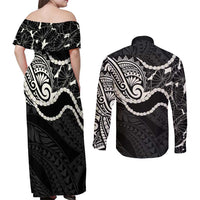 Aloha Hawaii Kalo Pikake Lei Couples Matching Off Shoulder Maxi Dress and Long Sleeve Button Shirt Chest Tattoo Black Hawaiian Pattern LT14 - Polynesian Pride