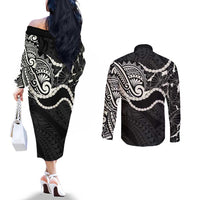 Aloha Hawaii Kalo Pikake Lei Couples Matching Off The Shoulder Long Sleeve Dress and Long Sleeve Button Shirt Chest Tattoo Black Hawaiian Pattern LT14 - Polynesian Pride