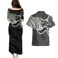 Aloha Hawaii Kalo Pikake Lei Couples Matching Puletasi and Hawaiian Shirt Chest Tattoo Black Hawaiian Pattern LT14 - Polynesian Pride
