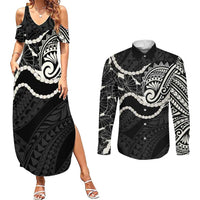 Aloha Hawaii Kalo Pikake Lei Couples Matching Summer Maxi Dress and Long Sleeve Button Shirt Chest Tattoo Black Hawaiian Pattern LT14 Black - Polynesian Pride