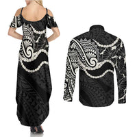 Aloha Hawaii Kalo Pikake Lei Couples Matching Summer Maxi Dress and Long Sleeve Button Shirt Chest Tattoo Black Hawaiian Pattern LT14 - Polynesian Pride
