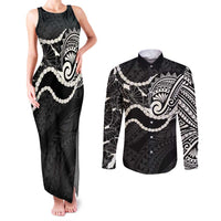 Aloha Hawaii Kalo Pikake Lei Couples Matching Tank Maxi Dress and Long Sleeve Button Shirt Chest Tattoo Black Hawaiian Pattern LT14 Black - Polynesian Pride