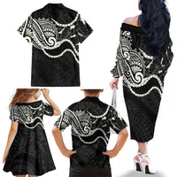 Aloha Hawaii Kalo Pikake Lei Family Matching Off The Shoulder Long Sleeve Dress and Hawaiian Shirt Chest Tattoo Black Hawaiian Pattern LT14 - Polynesian Pride