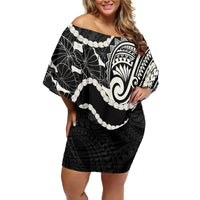 Aloha Hawaii Kalo Pikake Lei Off Shoulder Short Dress Chest Tattoo Black Hawaiian Pattern