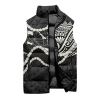 Aloha Hawaii Kalo Pikake Lei Sleeveless Puffer Jacket Chest Tattoo Black Hawaiian Pattern