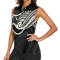 Aloha Hawaii Kalo Pikake Lei Women Sleeveless Polo Shirt Chest Tattoo Black Hawaiian Pattern LT14 - Polynesian Pride