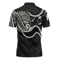 Aloha Hawaii Kalo Pikake Lei Zipper Polo Shirt Chest Tattoo Black Hawaiian Pattern