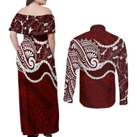 Aloha Hawaii Kalo Pikake Lei Couples Matching Off Shoulder Maxi Dress and Long Sleeve Button Shirt Chest Tattoo Oxblood Hawaiian Pattern LT14 - Polynesian Pride