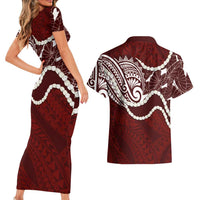 Aloha Hawaii Kalo Pikake Lei Couples Matching Short Sleeve Bodycon Dress and Hawaiian Shirt Chest Tattoo Oxblood Hawaiian Pattern LT14 - Polynesian Pride