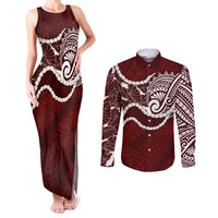 Aloha Hawaii Kalo Pikake Lei Couples Matching Tank Maxi Dress and Long Sleeve Button Shirt Chest Tattoo Oxblood Hawaiian Pattern LT14 Oxblood - Polynesian Pride