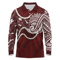 Aloha Hawaii Kalo Pikake Lei Long Sleeve Polo Shirt Chest Tattoo Oxblood Hawaiian Pattern LT14 Oxblood - Polynesian Pride