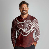 Aloha Hawaii Kalo Pikake Lei Long Sleeve Polo Shirt Chest Tattoo Oxblood Hawaiian Pattern LT14 - Polynesian Pride