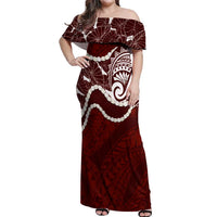 Aloha Hawaii Kalo Pikake Lei Off Shoulder Maxi Dress Chest Tattoo Oxblood Hawaiian Pattern