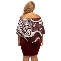 Aloha Hawaii Kalo Pikake Lei Off Shoulder Short Dress Chest Tattoo Oxblood Hawaiian Pattern