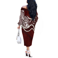 Aloha Hawaii Kalo Pikake Lei Off The Shoulder Long Sleeve Dress Chest Tattoo Oxblood Hawaiian Pattern LT14 - Polynesian Pride