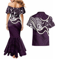 Aloha Hawaii Kalo Pikake Lei Couples Matching Mermaid Dress and Hawaiian Shirt Chest Tattoo Purple Hawaiian Pattern LT14 - Polynesian Pride