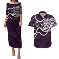 Aloha Hawaii Kalo Pikake Lei Couples Matching Puletasi and Hawaiian Shirt Chest Tattoo Purple Hawaiian Pattern LT14 Purple - Polynesian Pride