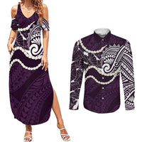Aloha Hawaii Kalo Pikake Lei Couples Matching Summer Maxi Dress and Long Sleeve Button Shirt Chest Tattoo Purple Hawaiian Pattern LT14 Purple - Polynesian Pride