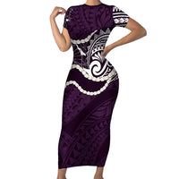 Aloha Hawaii Kalo Pikake Lei Family Matching Short Sleeve Bodycon Dress and Hawaiian Shirt Chest Tattoo Purple Hawaiian Pattern LT14 Mom's Dress Purple - Polynesian Pride