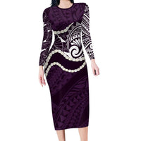 Aloha Hawaii Kalo Pikake Lei Long Sleeve Bodycon Dress Chest Tattoo Purple Hawaiian Pattern LT14 Long Dress Purple - Polynesian Pride