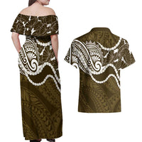 Aloha Hawaii Kalo Pikake Lei Couples Matching Off Shoulder Maxi Dress and Hawaiian Shirt Chest Tattoo Gold Hawaiian Pattern LT14 - Polynesian Pride