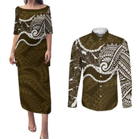 Aloha Hawaii Kalo Pikake Lei Couples Matching Puletasi and Long Sleeve Button Shirt Chest Tattoo Gold Hawaiian Pattern LT14 Gold - Polynesian Pride