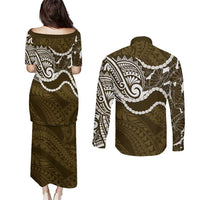 Aloha Hawaii Kalo Pikake Lei Couples Matching Puletasi and Long Sleeve Button Shirt Chest Tattoo Gold Hawaiian Pattern LT14 - Polynesian Pride