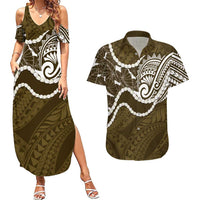 Aloha Hawaii Kalo Pikake Lei Couples Matching Summer Maxi Dress and Hawaiian Shirt Chest Tattoo Gold Hawaiian Pattern LT14 Gold - Polynesian Pride