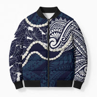 Aloha Hawaii Kalo Pikake Lei Bomber Puffer Jacket Chest Tattoo Oxford Blue Hawaiian Pattern