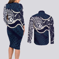 Aloha Hawaii Kalo Pikake Lei Couples Matching Long Sleeve Bodycon Dress and Long Sleeve Button Shirt Chest Tattoo Oxford Blue Hawaiian Pattern LT14 - Polynesian Pride