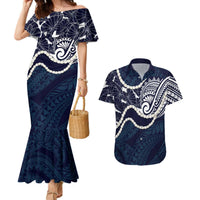 Aloha Hawaii Kalo Pikake Lei Couples Matching Mermaid Dress and Hawaiian Shirt Chest Tattoo Oxford Blue Hawaiian Pattern LT14 Oxford Blue - Polynesian Pride