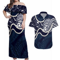 Aloha Hawaii Kalo Pikake Lei Couples Matching Off Shoulder Maxi Dress and Hawaiian Shirt Chest Tattoo Oxford Blue Hawaiian Pattern LT14 Oxford Blue - Polynesian Pride