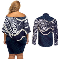 Aloha Hawaii Kalo Pikake Lei Couples Matching Off Shoulder Short Dress and Long Sleeve Button Shirt Chest Tattoo Oxford Blue Hawaiian Pattern LT14 - Polynesian Pride