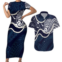 Aloha Hawaii Kalo Pikake Lei Couples Matching Short Sleeve Bodycon Dress and Hawaiian Shirt Chest Tattoo Oxford Blue Hawaiian Pattern LT14 Oxford Blue - Polynesian Pride