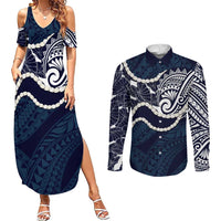 Aloha Hawaii Kalo Pikake Lei Couples Matching Summer Maxi Dress and Long Sleeve Button Shirt Chest Tattoo Oxford Blue Hawaiian Pattern LT14 Oxford Blue - Polynesian Pride