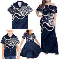 Aloha Hawaii Kalo Pikake Lei Family Matching Off Shoulder Maxi Dress and Hawaiian Shirt Chest Tattoo Oxford Blue Hawaiian Pattern LT14 - Polynesian Pride