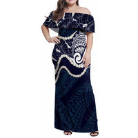 Aloha Hawaii Kalo Pikake Lei Family Matching Off Shoulder Maxi Dress and Hawaiian Shirt Chest Tattoo Oxford Blue Hawaiian Pattern LT14 Mom's Dress Oxford Blue - Polynesian Pride
