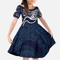 Aloha Hawaii Kalo Pikake Lei Family Matching Off Shoulder Short Dress and Hawaiian Shirt Chest Tattoo Oxford Blue Hawaiian Pattern LT14 Daughter's Dress Oxford Blue - Polynesian Pride